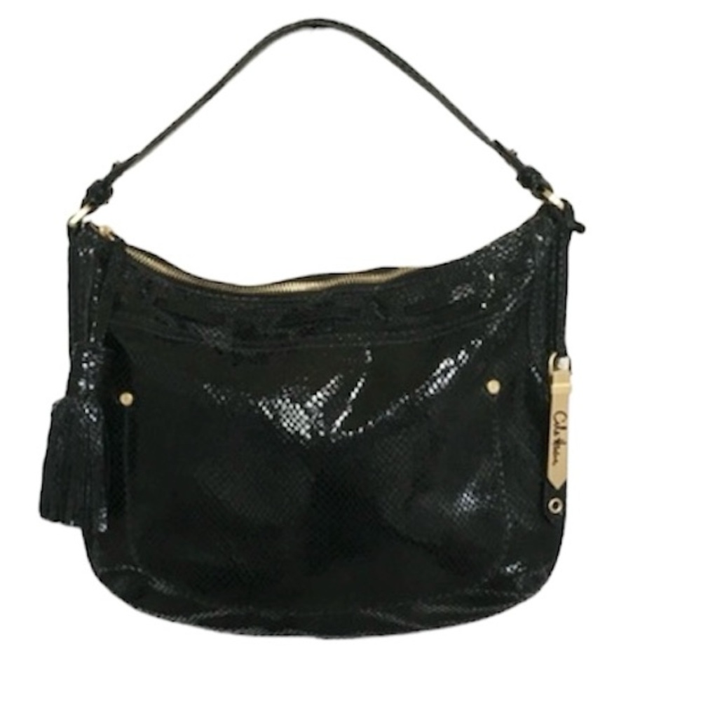 Cole Haan Sleek Snake Print  Leather Shoulder Hobo Bag Black